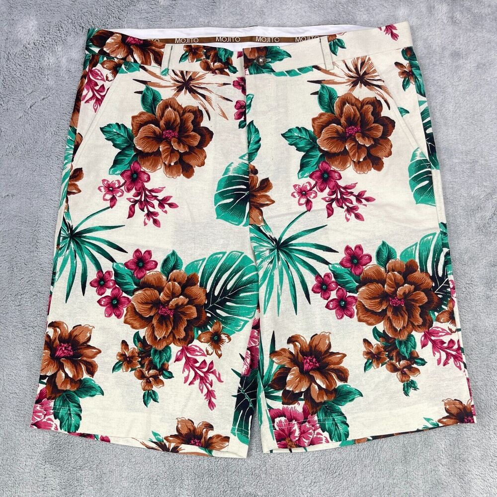 Mojito Chino Shorts Men's Large (36/38) Cream Hawaiian Floral  Linen Beach